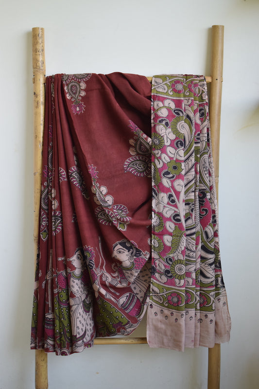 Maroon Kalamkari Printed Mul Cotton Saree