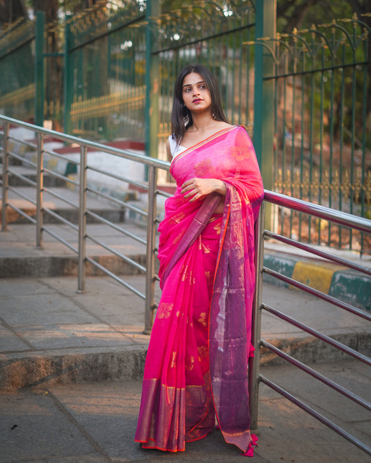 Rani Pink Hibiscus weaving Mul Cotton Saree with tassels