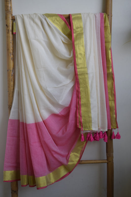 White Mul Cotton Saree with tassels
