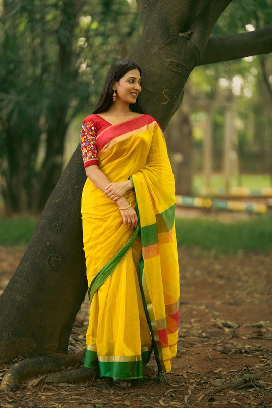 Yellow Maheshwari Silk Cotton Saree