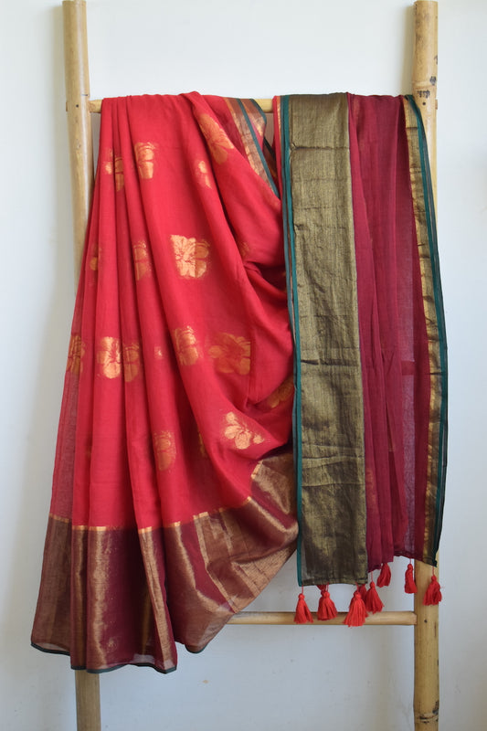 Red Hibiscus weaving Mul Cotton Saree with tassels
