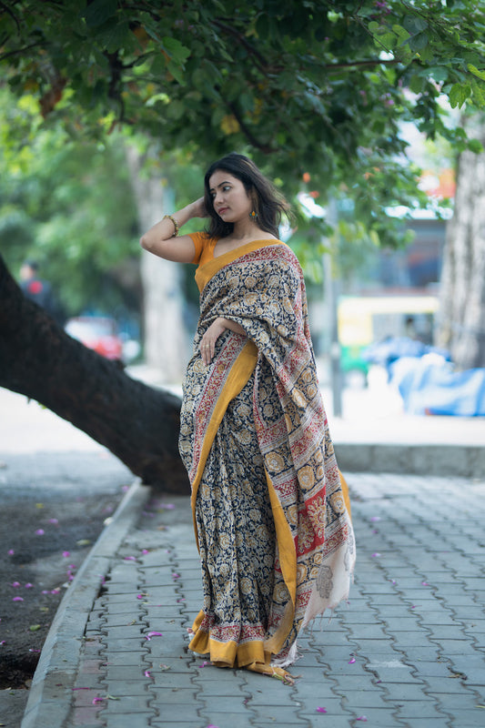 Black Kalamkari Chennuri Silk Saree with Nizam Border