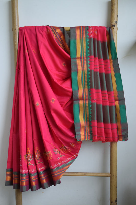 Bubblegum Pink Cotton Silk Kasuti Saree