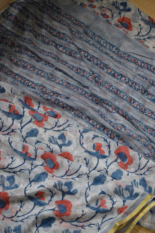 White Bagru Printed Chiffon Saree