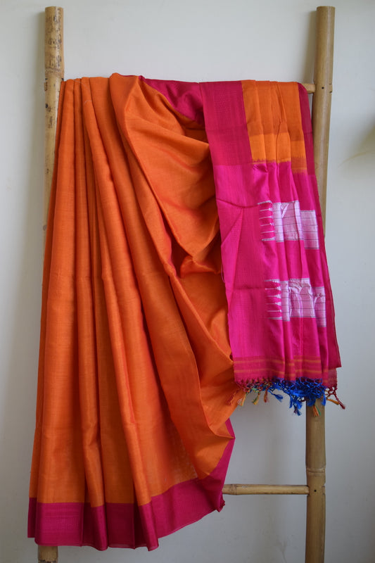 Orange Ilkal Viscose Saree with Chikki Paras Border