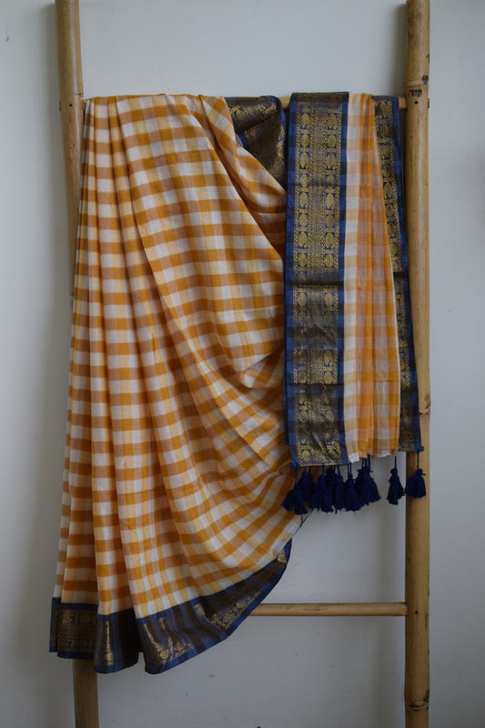 Yellow & White Checks Mul Cotton Saree with border