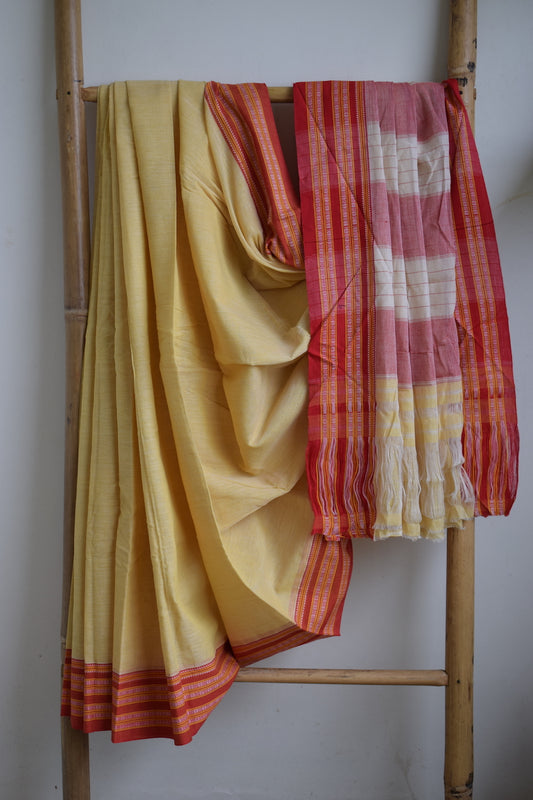 Light Yellow Pattada Anchu Cotton Saree with Gomedadi Border