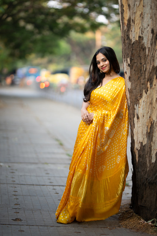 Yellow Modal Silk Bandhani Saree