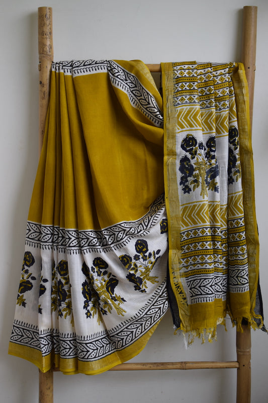 Mustard Yellow Printed Linen Cotton Saree