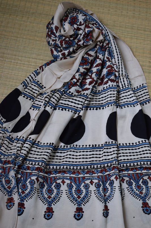 White Modal Silk Ajrakh Dupatta
