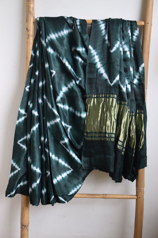 Bottle Green Lehariya Modal Silk Shibori Saree
