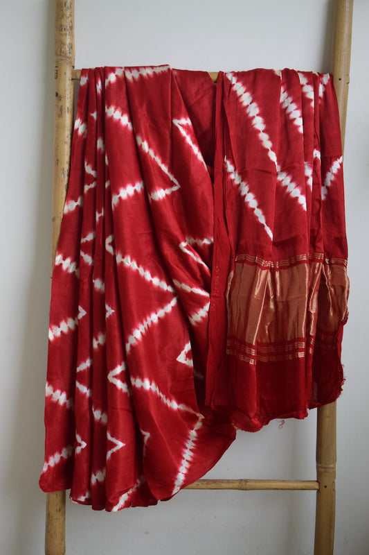 Red Lehariya Modal Silk Shibori Saree
