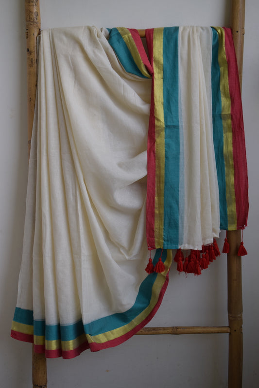 Off White Mul Cotton Saree with tassels