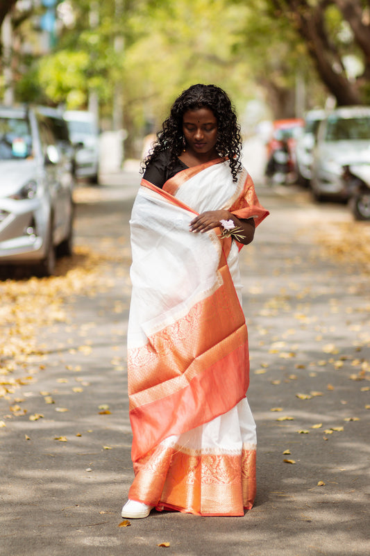 White Benarasi Linen Silk Saree
