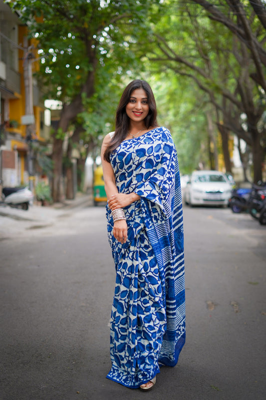 Indigo Printed Mul Cotton Saree