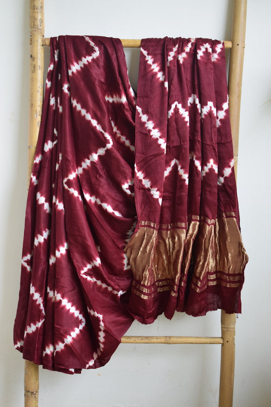 Maroon Lehariya Modal Silk Shibori Saree