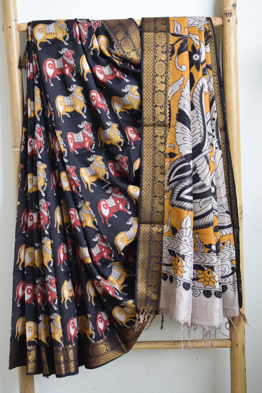 Black Kalamkari Chennuri Silk Saree with Mangalagiri Border