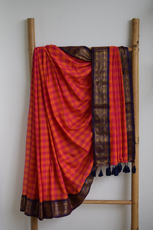 Orange & Pink Checks Mul Cotton Saree with border