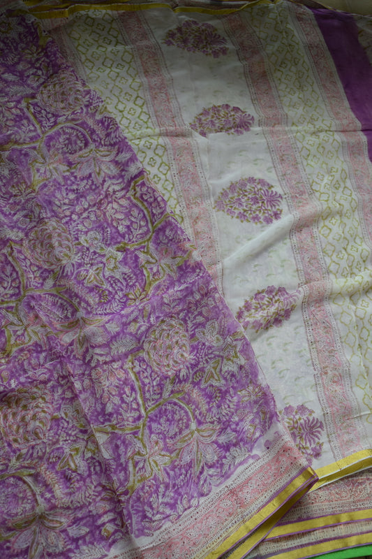 Lavender Bagru Printed Chiffon Saree