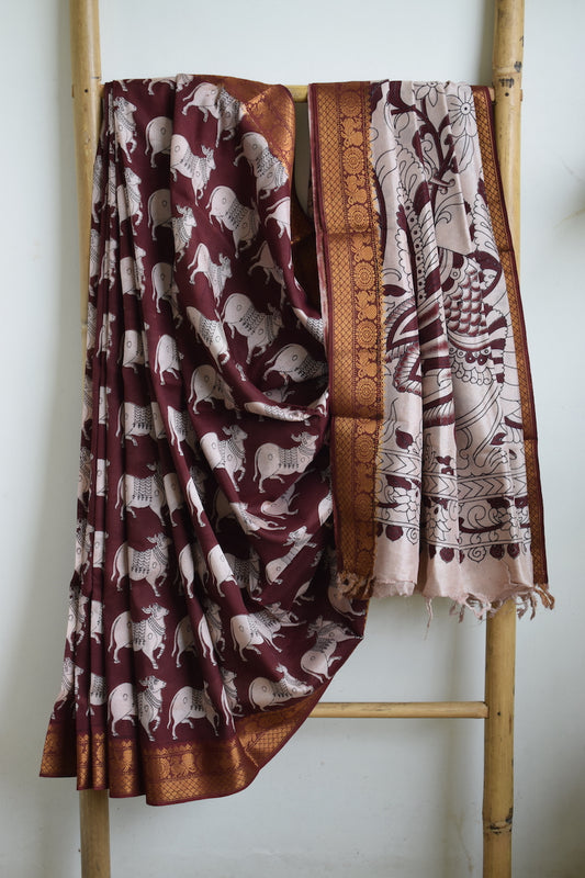Brown Kalamkari Chennuri Silk Saree with Mangalagiri Border