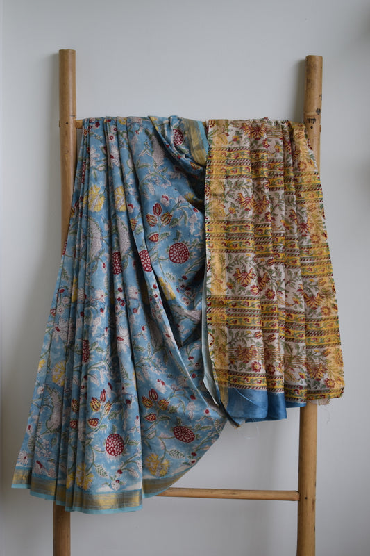 Sky Blue Maheshwari Block Printed Cotton Silk Saree