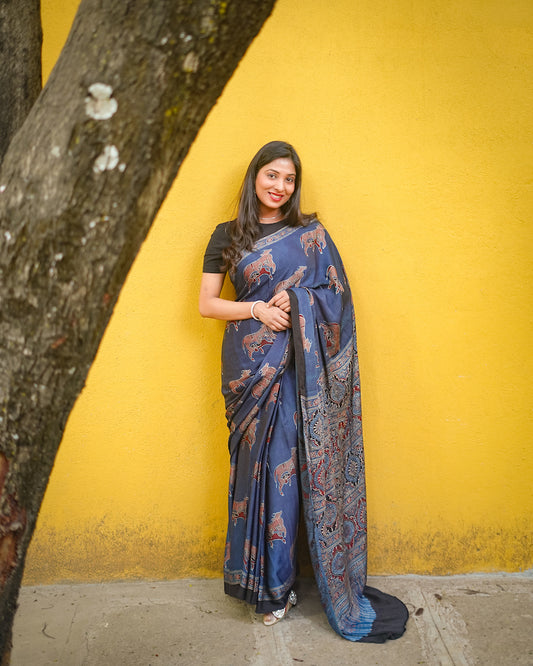 Indigo Ajrakh Modal Silk Saree