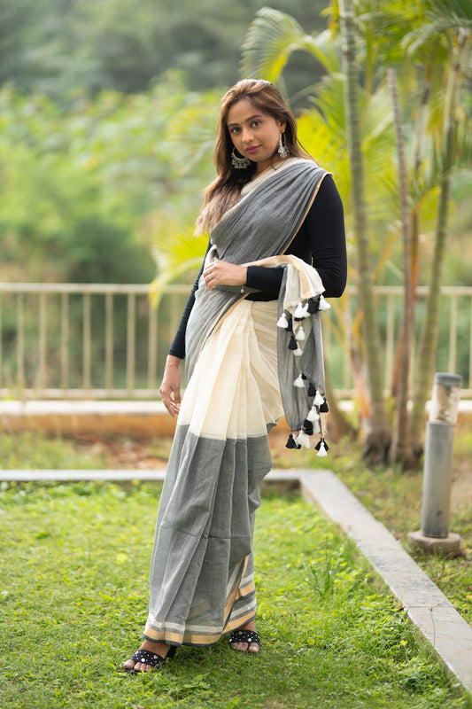 Off White Mul Cotton Saree with tassels