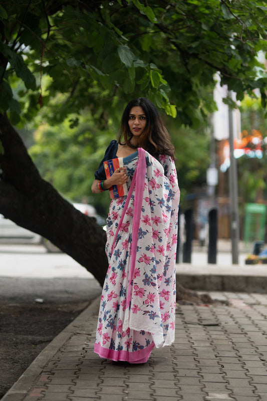 White Printed Mul Cotton Saree