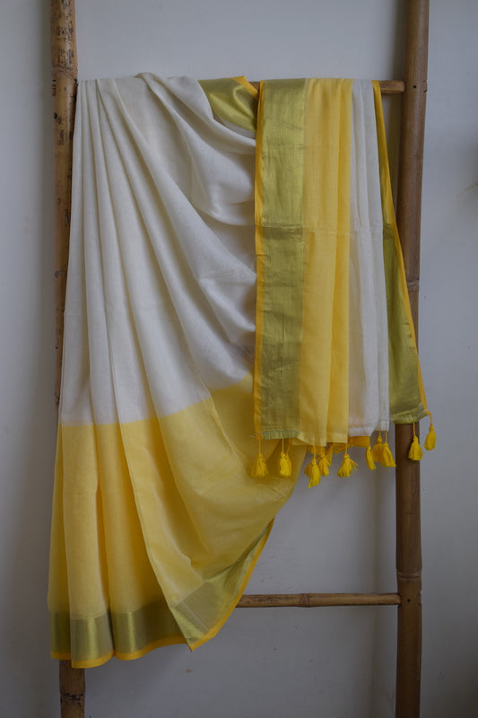 White Mul Cotton Saree with tassels