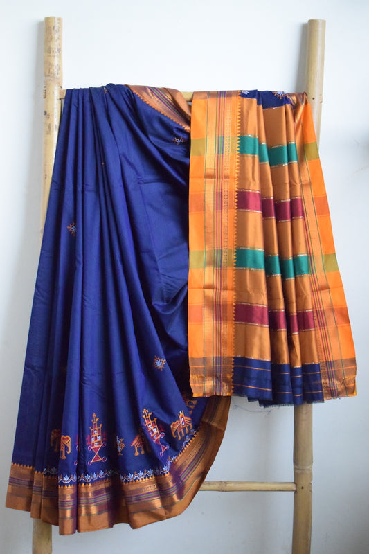 Navy Blue Cotton Silk Kasuti Saree