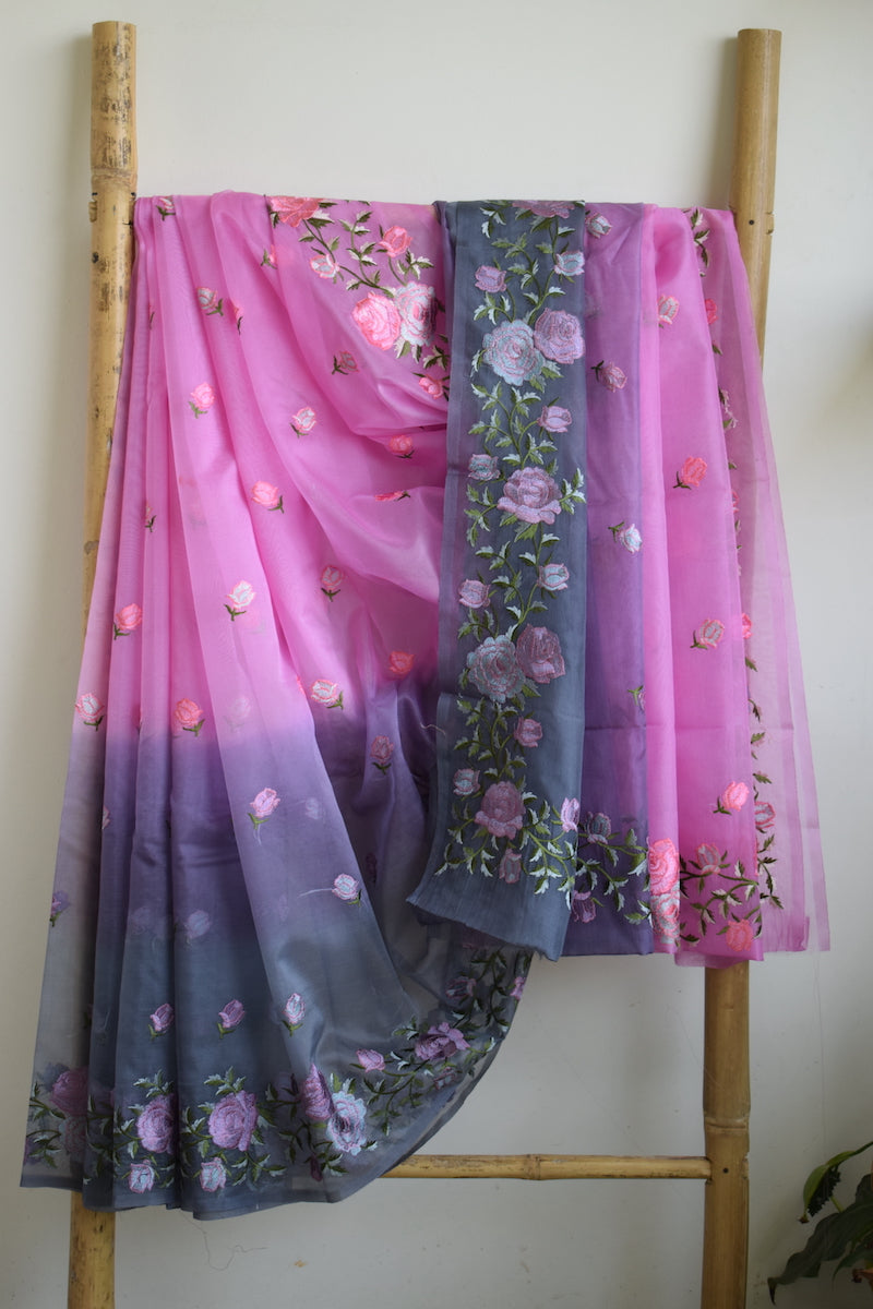 Pink Semi Organza Embroidery Benarasi Saree
