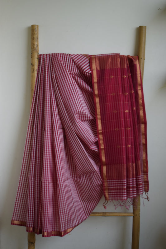Pink Checks Maheshwari Silk Cotton Saree