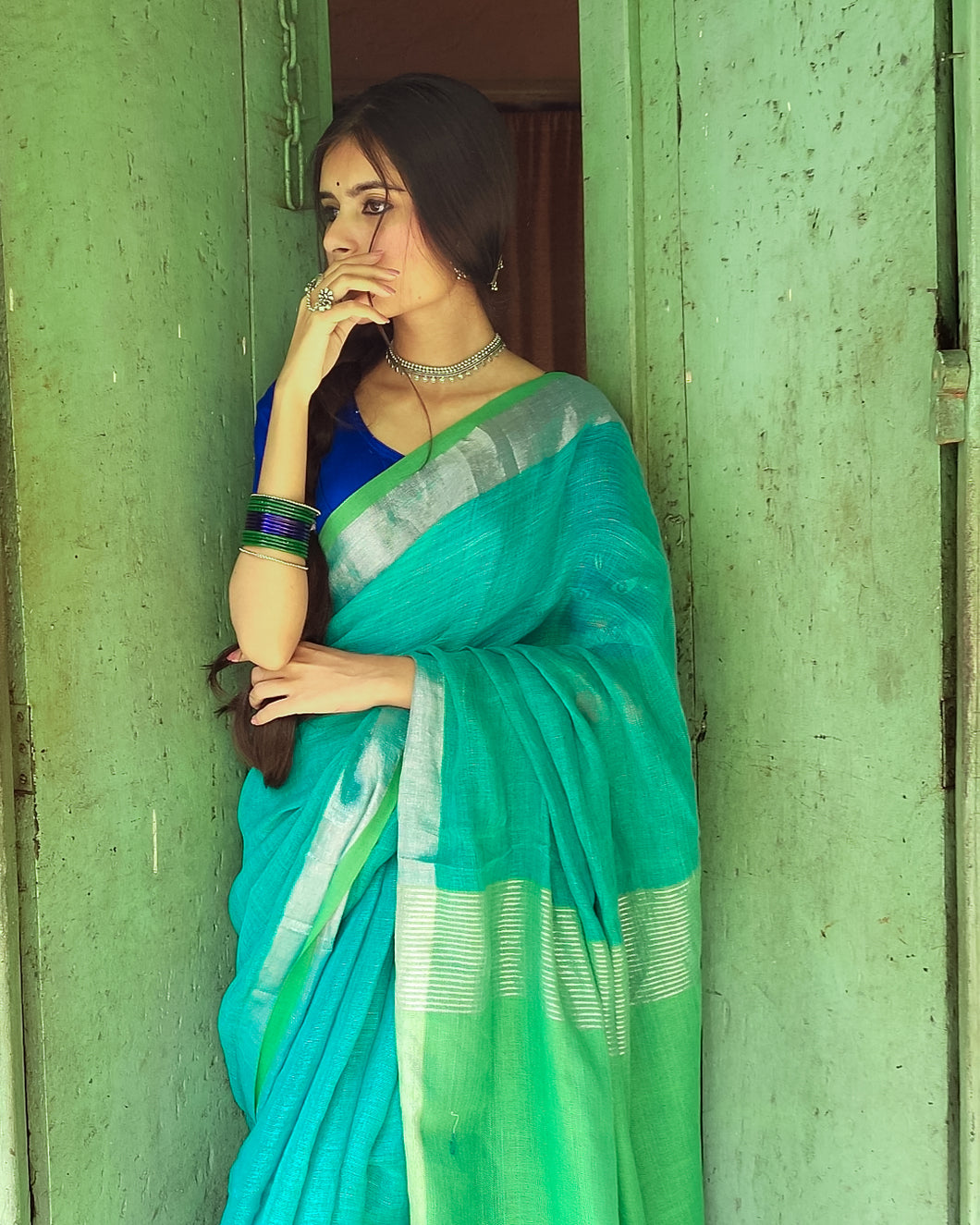 Turquoise Linen Saree