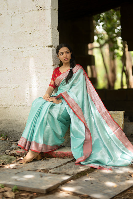Sea Foam Tissue Cotton Saree With Border