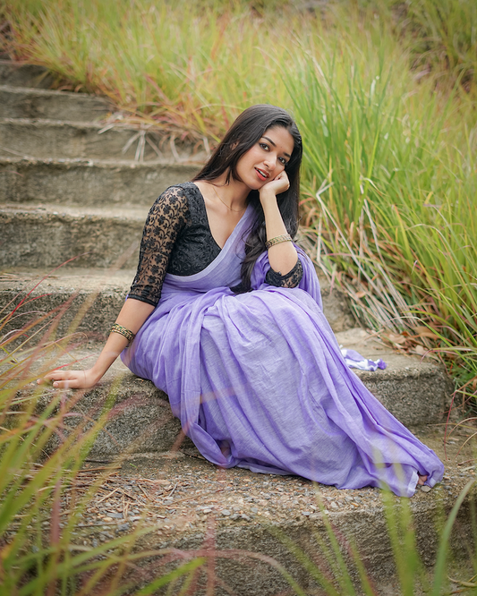 Lavender Mul Cotton Saree with tassels