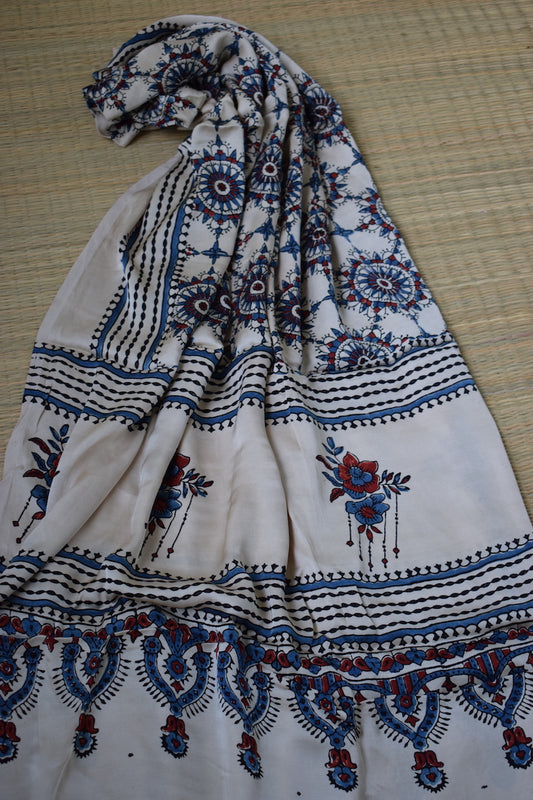 White Modal Silk Ajrakh Dupatta