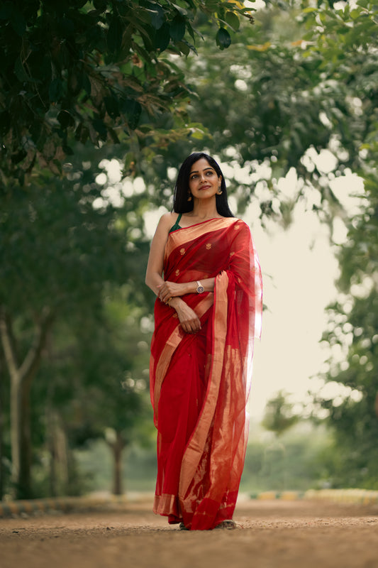 Red Maheshwari Silk Cotton Saree