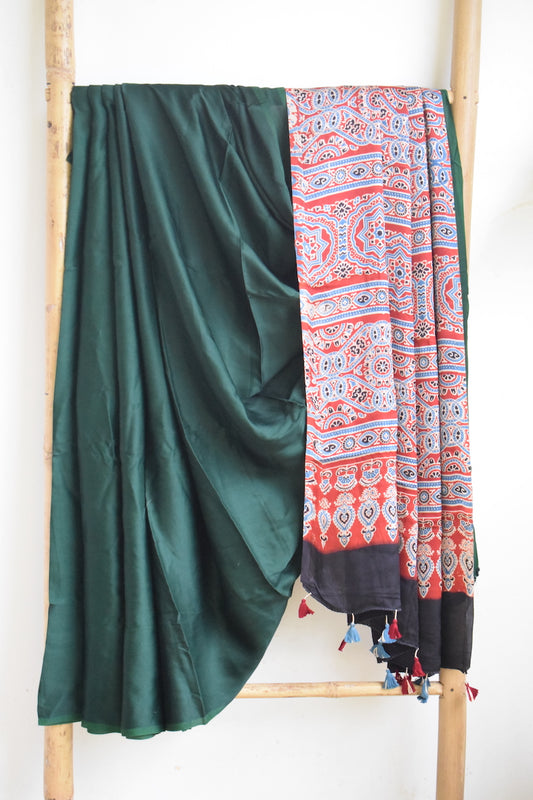 Bottle Green Modal Silk Saree with Ajrakh Pallu