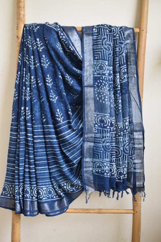 Indigo Printed Linen Cotton Saree