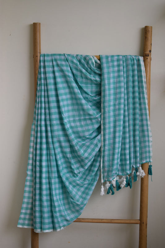 Turquoise and White Checks Mul Cotton Saree