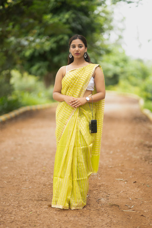 Lime Green Maheshwari Silk Cotton Saree