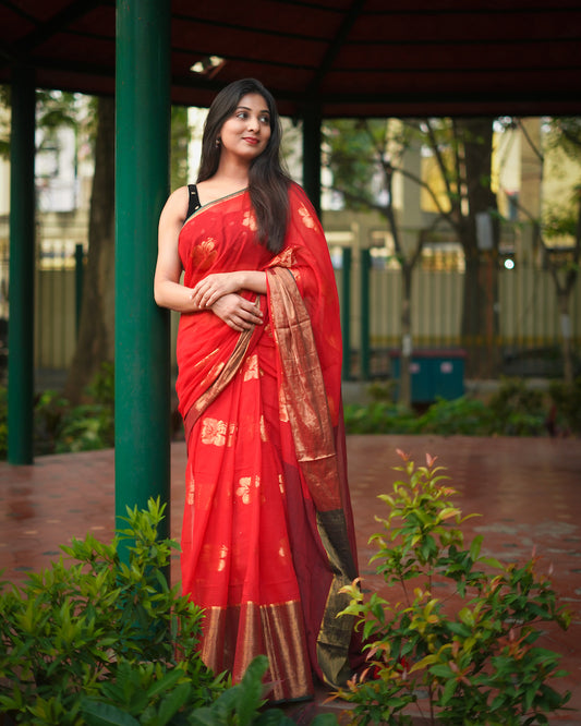Red Hibiscus weaving Mul Cotton Saree with tassels