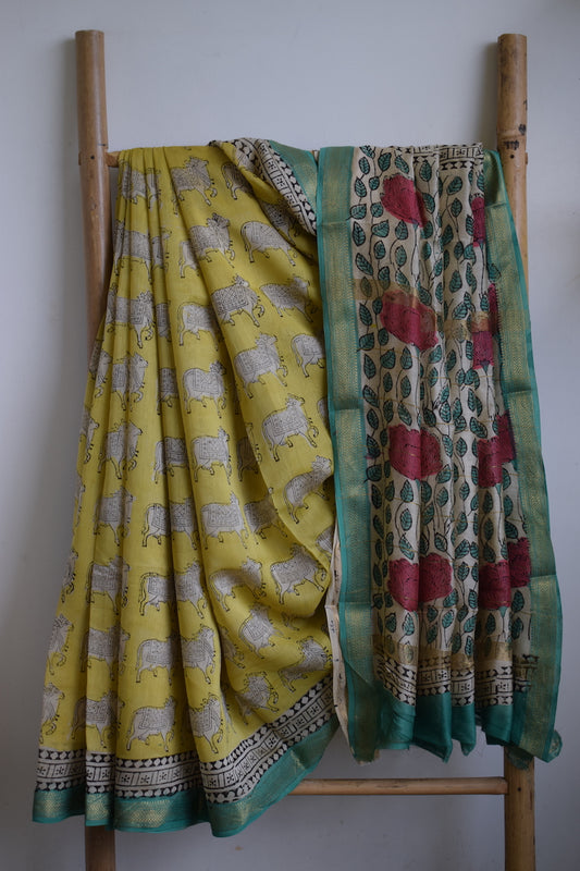 Yellow Maheshwari Block Printed Cotton Silk Saree