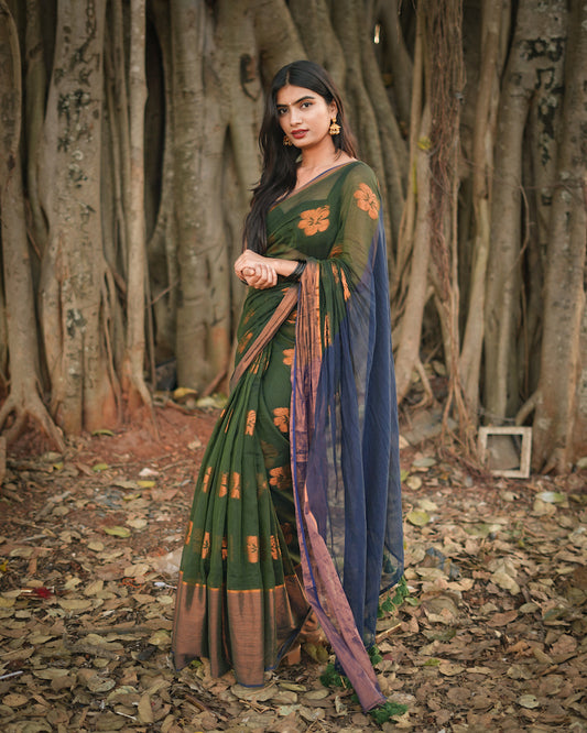 Green Hibiscus weaving Mul Cotton Saree with tassels