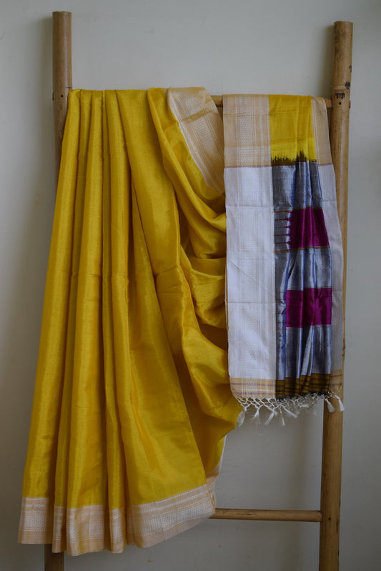 Yellow Ilkal Viscose Saree with Chikki Paras Border