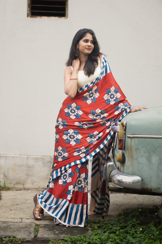 Red Modal Silk Ajrakh Saree
