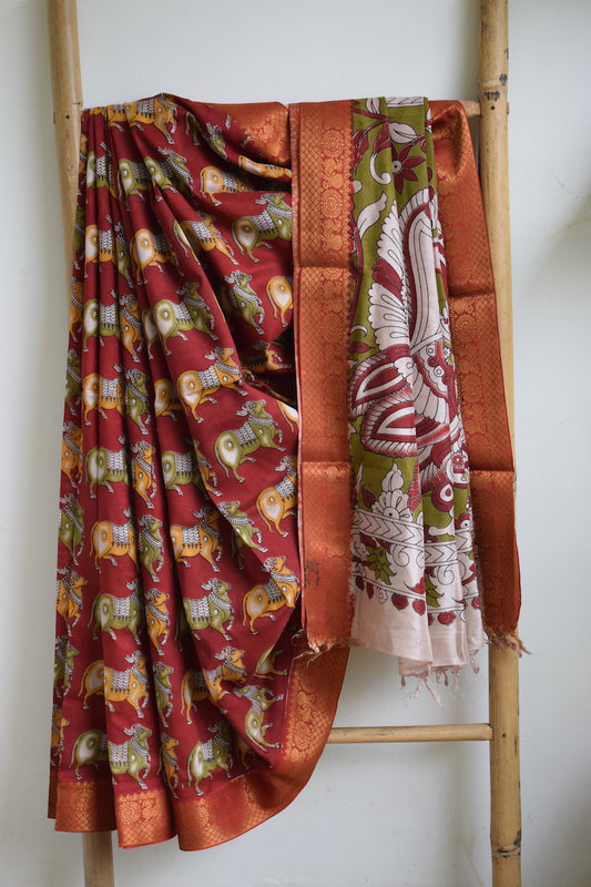 Red Kalamkari Chennuri Silk Saree with Mangalagiri Border