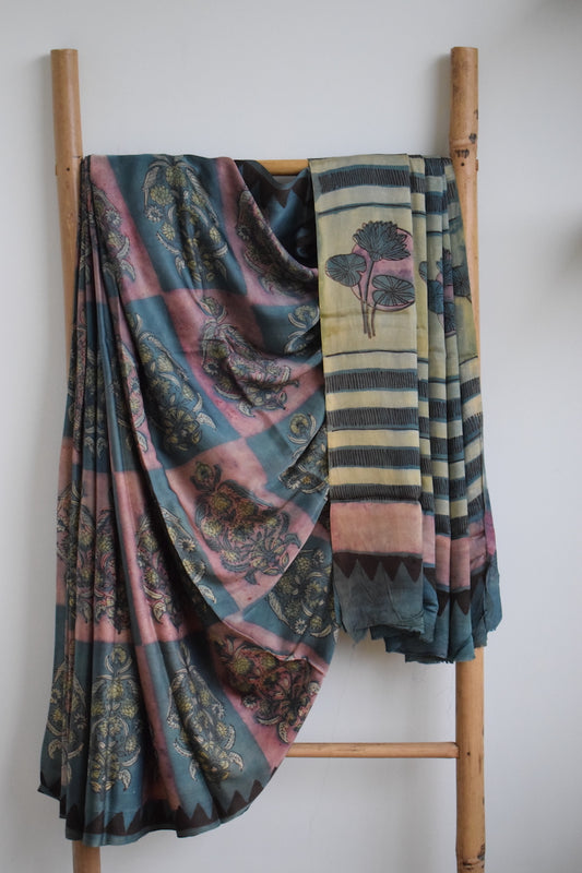 Grey - Pink Pomegranate Peel Print Modal Silk Saree