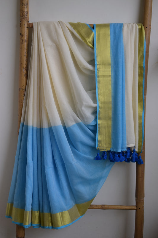 White Mul Cotton Saree with tassels