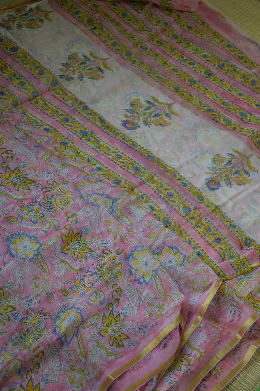 Pastel Pink Bagru Printed Chiffon Saree
